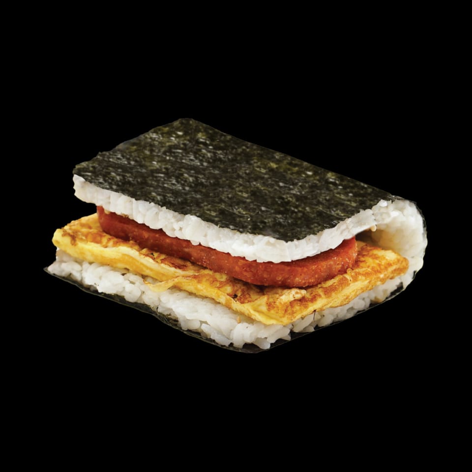 Supamu Okinawa Onigiri with rice, spam, and egg wrapped in nori seaweed.