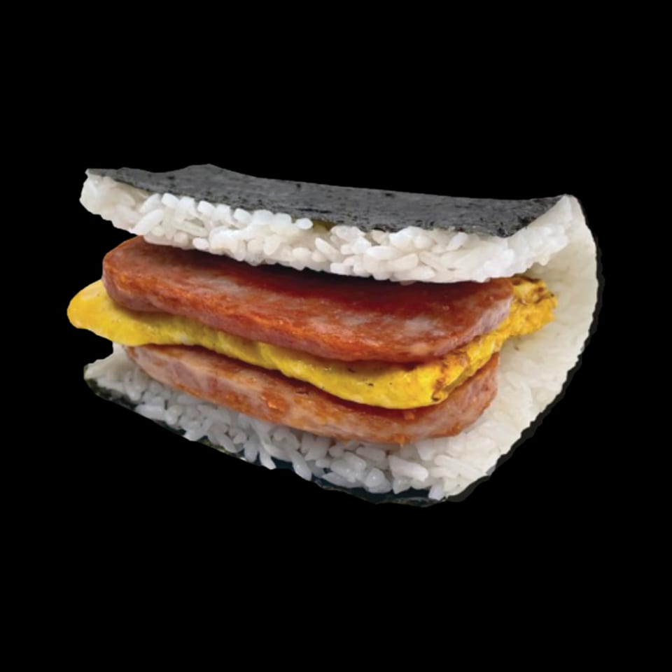 Supamu Okinawa Onigiri with spam, egg, and rice wrapped in nori.